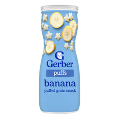 Gerber Graduates Banana puffs in a jar, simple self-feeding practice for toddlers.
