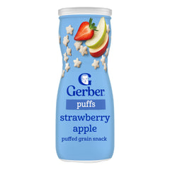 Gerber Graduates Blueberry puffs, fruity chewable texture ideal for early eaters.