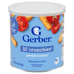 Gerber Lil' Crunchies Variety Pack canister with resealable lid for freshness.