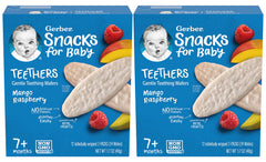 Gerber mango raspberry teething wafer close-up, easy dissolve for tiny hands.