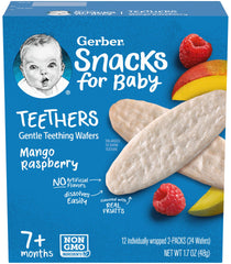 Gerber mango raspberry teething wafers packaging for two boxes and portability.