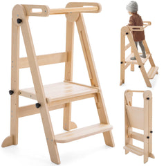Gewitt foldable toddler tower folded for compact storage in small kitchens.