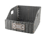Geyecete collapsible grey dog toy basket keeps toys tidy and accessible.