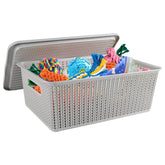 Geyecete dog toy basket with lid stackable, ideal for tidy playroom storage.