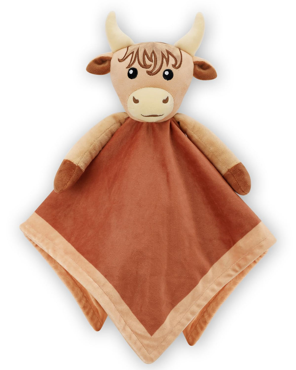 Gicoherero Highland Cow Lovey blanket closeup showing soft plush fabric ideal for soothing babies.
