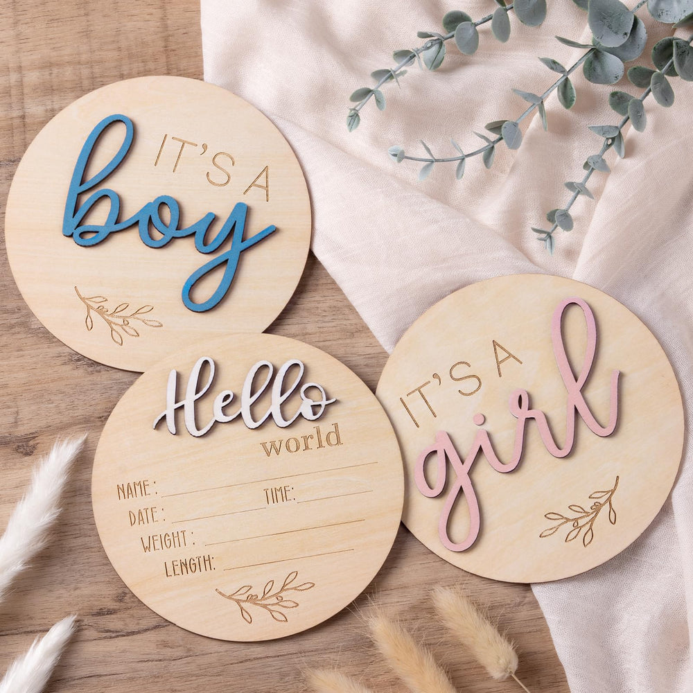 Giftacity gender reveal sign for boy with blue 3D letters, ideal for photos.