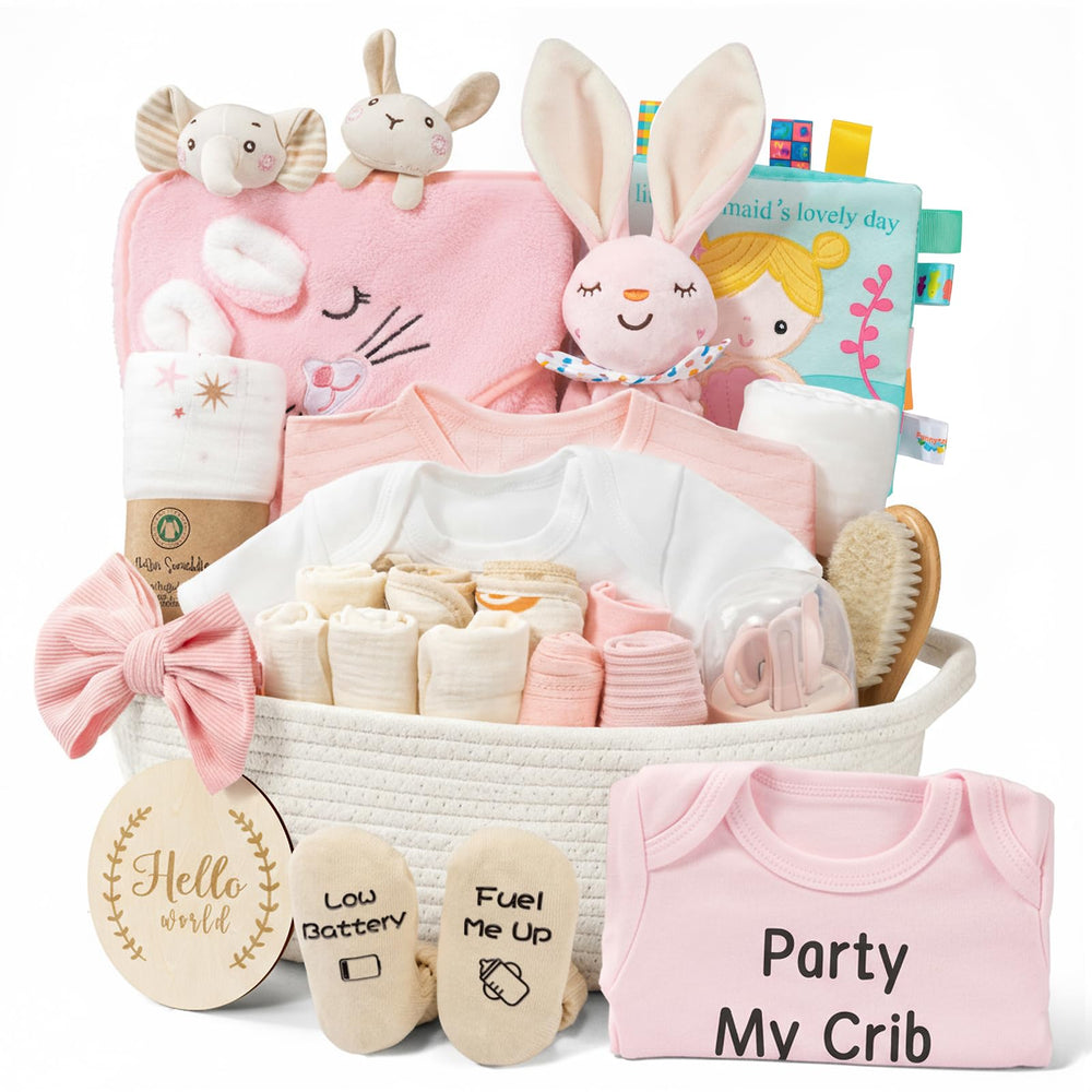 Giftissimo 28-piece baby gift basket centerpiece highlights organized newborn essentials.