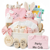 Giftissimo 28-piece baby gift basket centerpiece highlights organized newborn essentials.