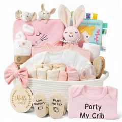 Giftissimo 28-piece baby gift basket centerpiece highlights organized newborn essentials.