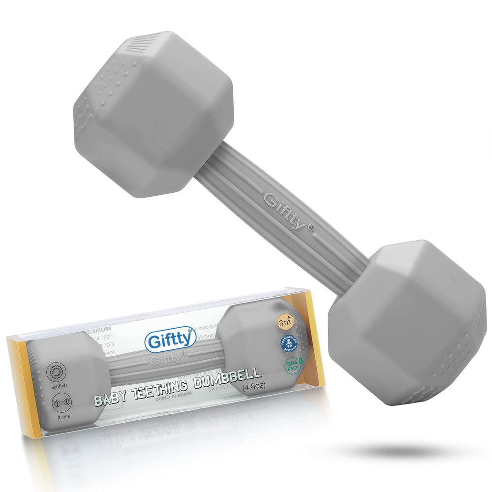Giftty baby dumbbell toy, gray close-up, soft silicone ideal for teething and play