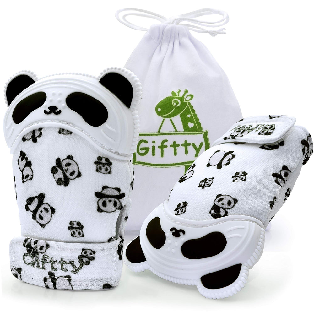 Giftty Panda Teether mitten closeup for safe gum massage.