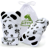 Giftty Panda Teether mitten closeup for safe gum massage.
