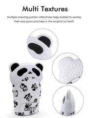 Giftty teething mitten worn on hand demonstrates easy on-the-go soothing.