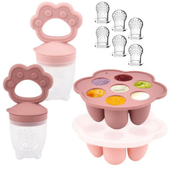 Ginbear baby feeder set front view in mauve pink for safe feeding.