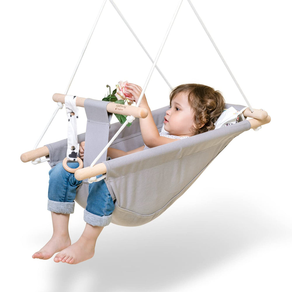 Gladswing baby hammock with natural wood frame for cozy indoor use