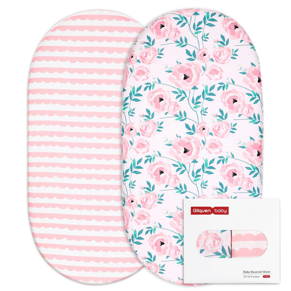 GLLQUEN BABY bassinet sheets in pink flower pattern for breathable sleep