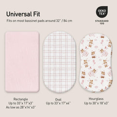 Sheet fitted on a 33x17 inch bassinet demonstrates quick changes