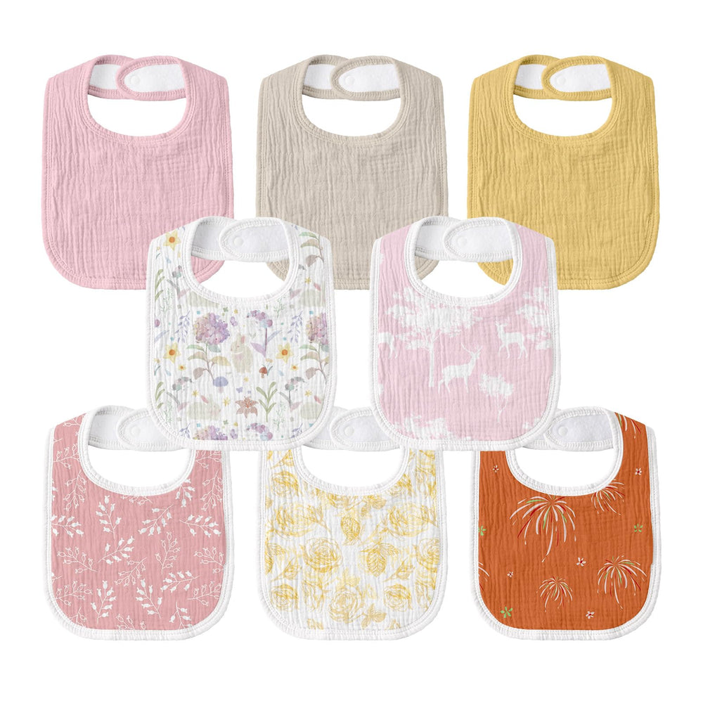GLLQUEN BABY muslin drool bib front view, soft absorbent for daily protection