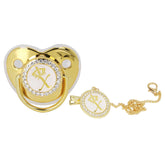 GLOGLOW golden-letter pacifier with crown design and rhinestones for stylish baby photos.