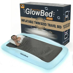 GLOWBED inflatable travel bed demonstrates portability for camping and travel comfort.