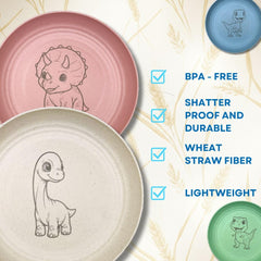 G'nes deep-side dino plates reduce spills and simplify scooping for little eaters.