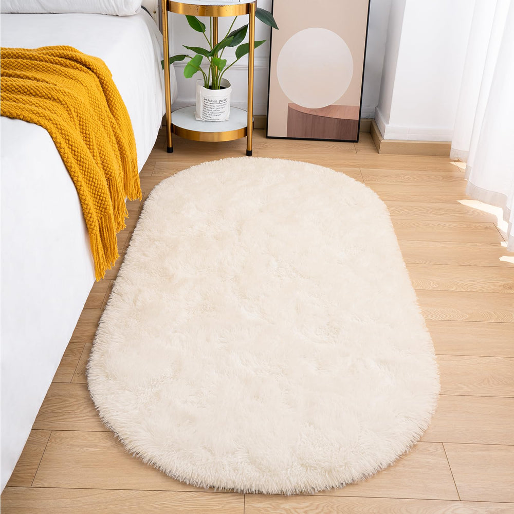 Goideal fluffy bedroom rug in cream, overall room view adds cozy comfort to nursery and dorm.