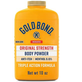 Gold Bond Medicated Powder Triple Action Relief bottle front shows talc-free formula for everyday comfort.