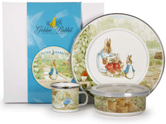 Golden Rabbit enamelware plate, mug, and bowl with lid featuring Peter Rabbit for durable everyday use.