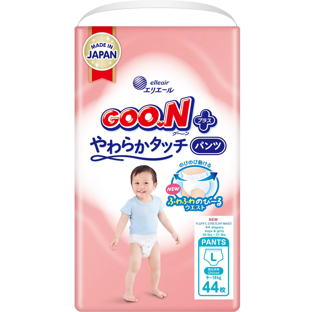 GOO.N Plus+ Pants L front view shows a soft pull-up design for easy wearing.
