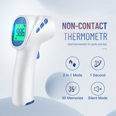 Close-up of GoodBaby thermometer in use with non-contact sensing.