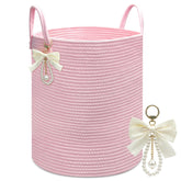 Goodheim laundry hamper pink close-up cotton rope shows sturdy weave for daily use.