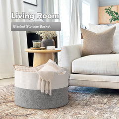 Goodpick gray cotton rope basket adds stylish storage to the living room.