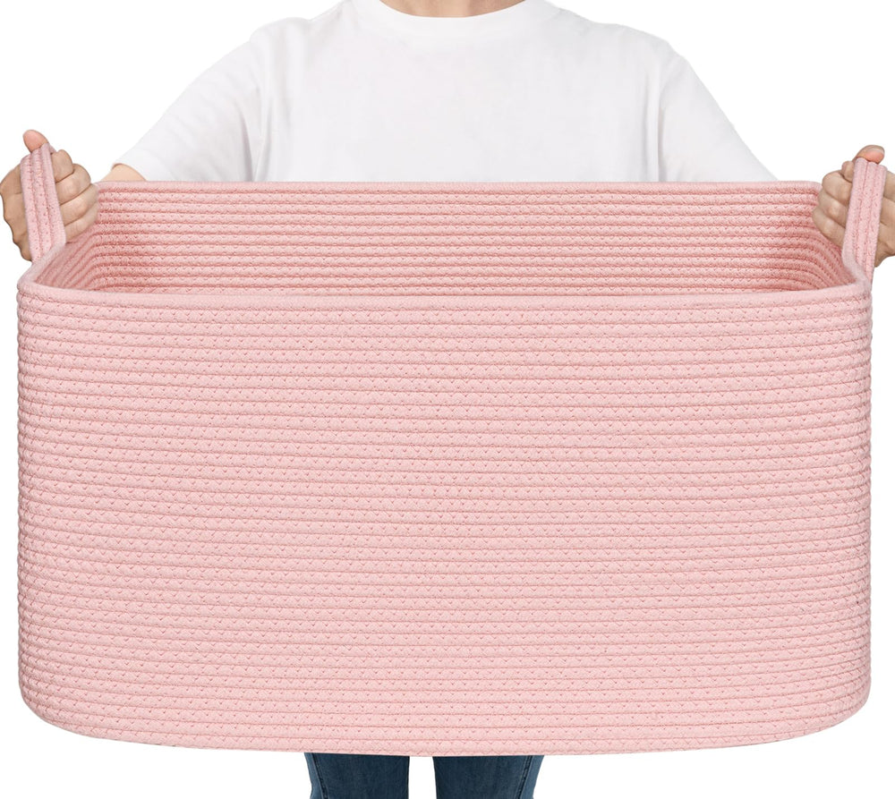 Goodpick large blanket basket pink with soft cotton rope for living room storage.