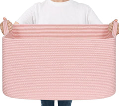 Goodpick large blanket basket pink with soft cotton rope for living room storage.