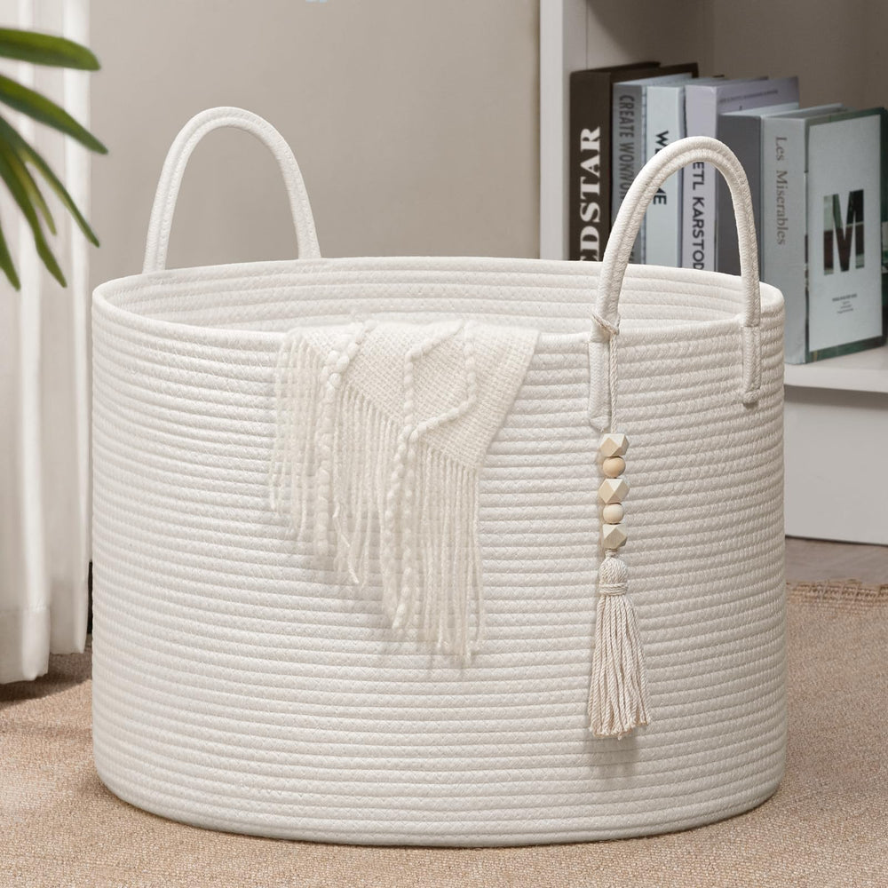 Goodpick large laundry basket stores blankets with soft rope texture.