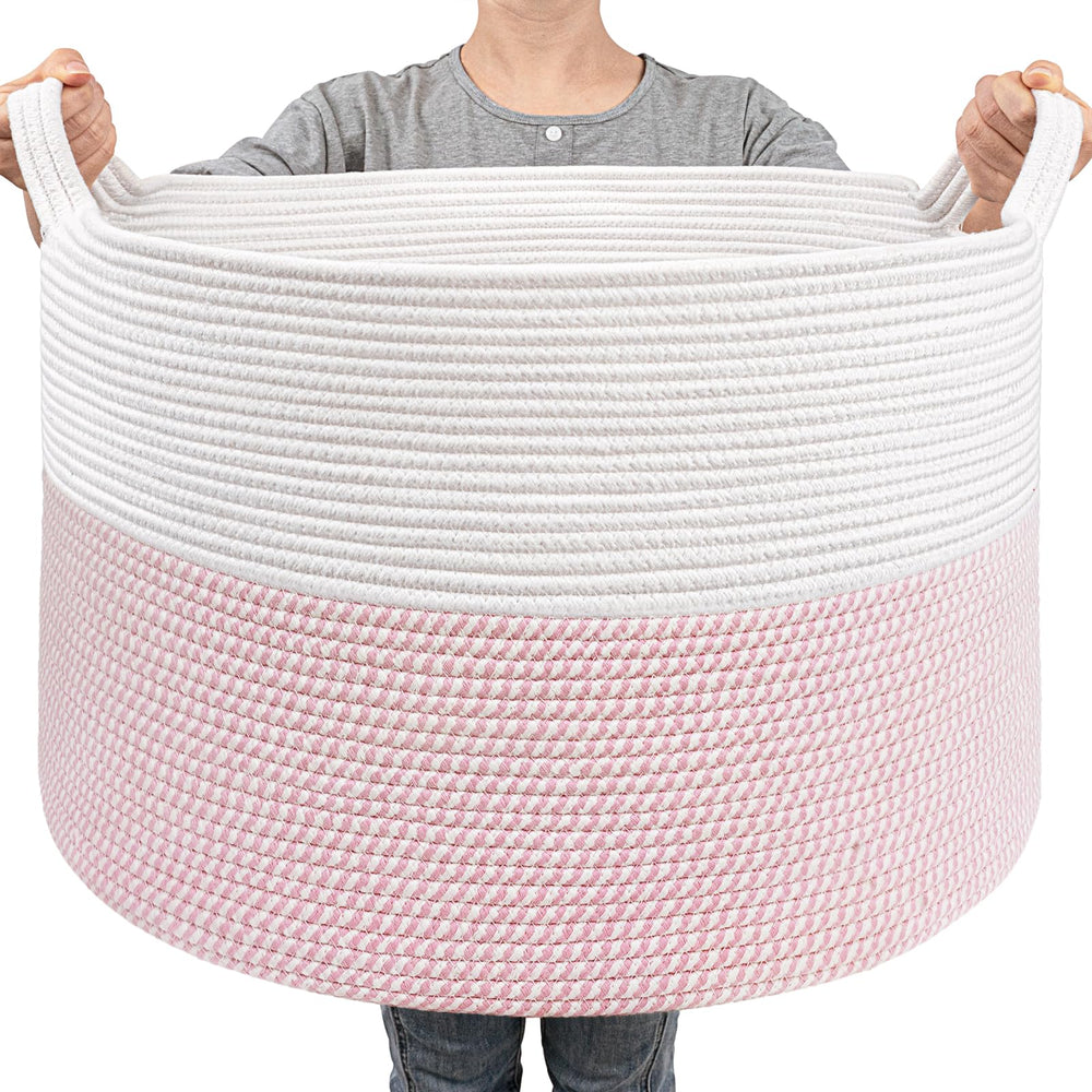 Goodpick large storage basket pink front view for blanket organization.