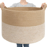 Goodpick large woven storage basket in white and jute for high-capacity storage.