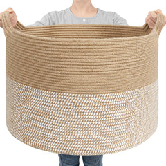 Goodpick large woven storage basket in white and jute for high-capacity storage.