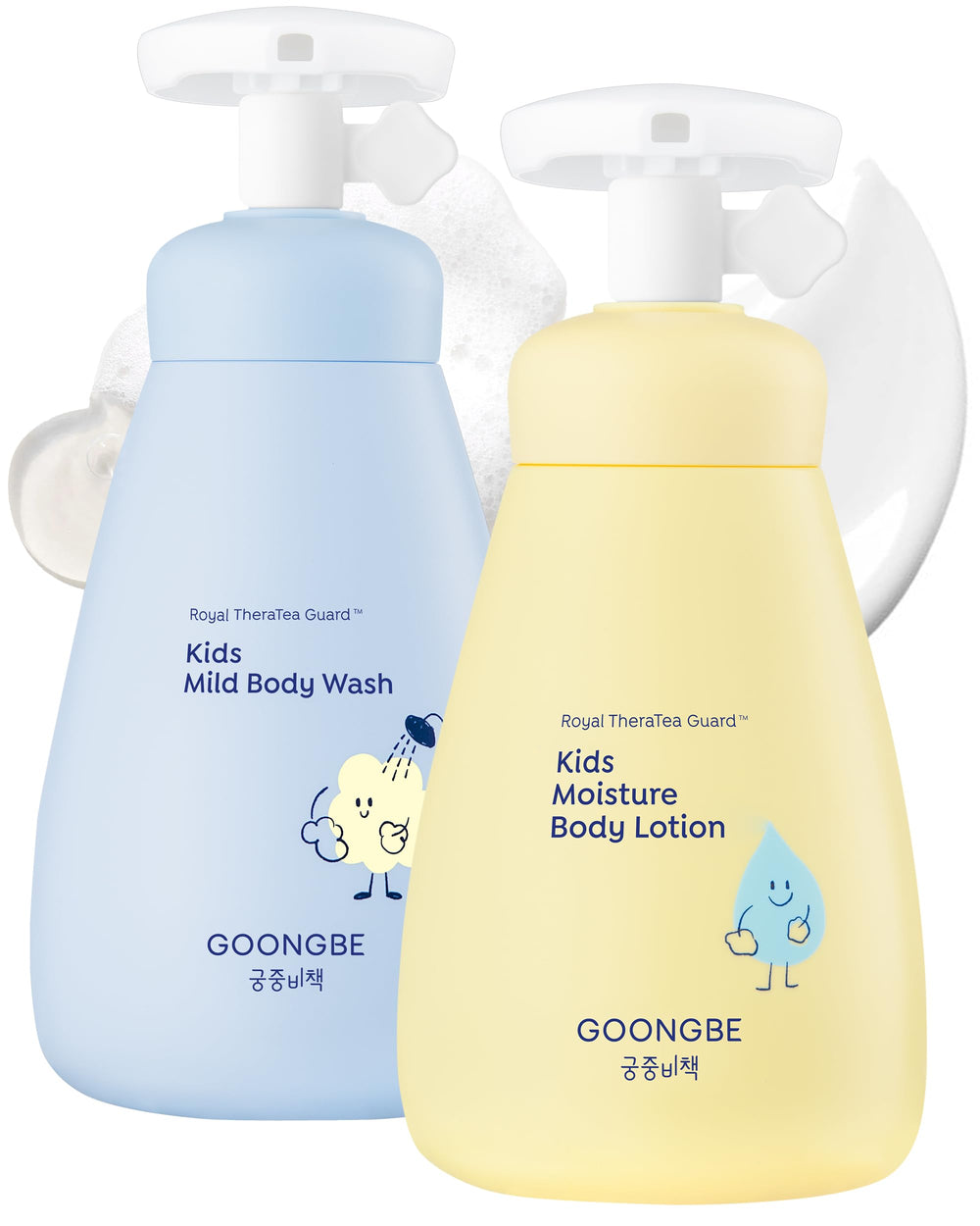 GOONGBE Kids Body Wash bottle with foamy lather for gentle cleansing.