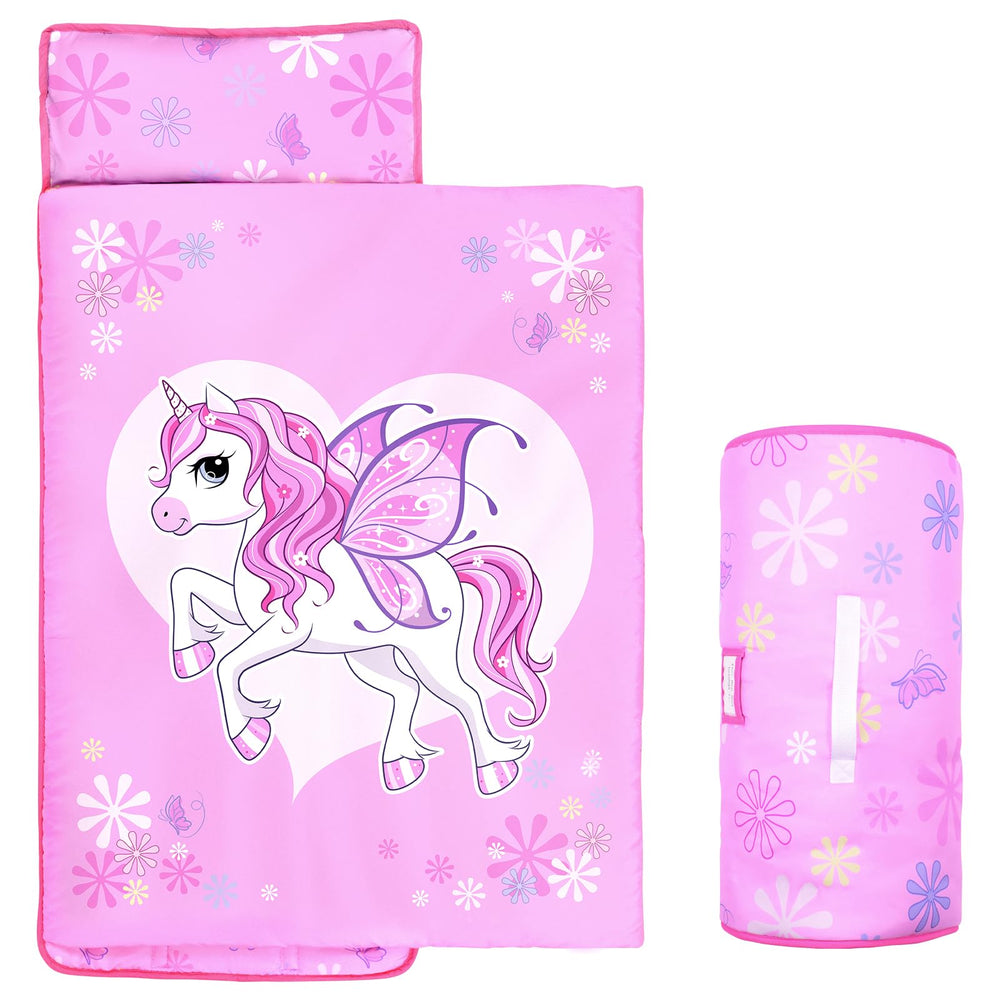 GOPHRALOVE Unicorns Nap Mat rolled with sturdy handle for easy daycare transport.