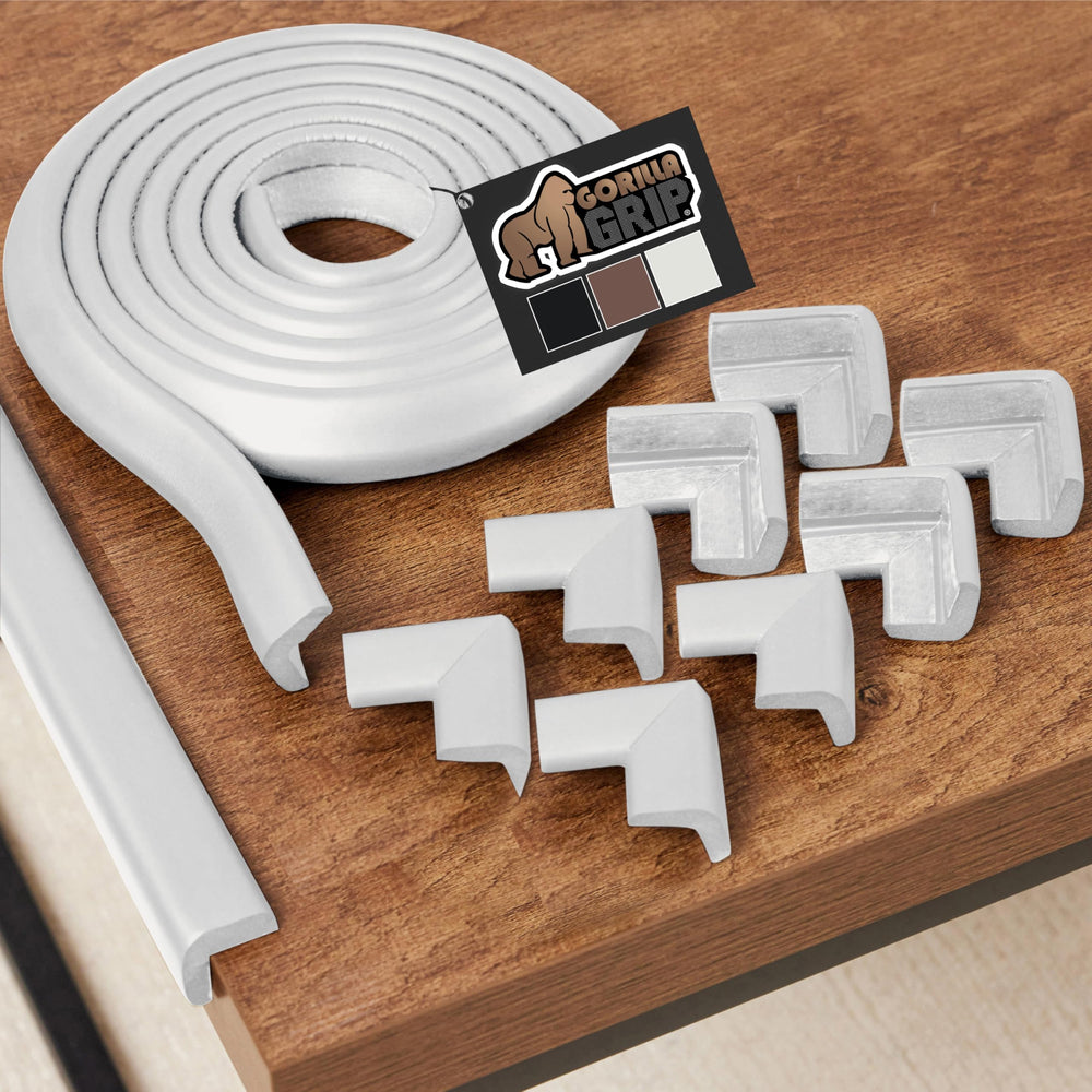 GORILLA GRIP corner protector on wood table edge provides soft cushioning