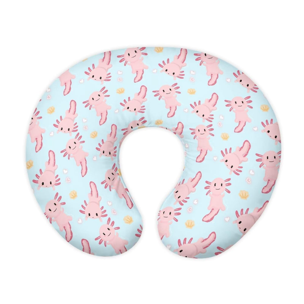 Goronwyfloyd multi pink axolotl nursing pillow cover closeup, showing soft fabric for baby comfort