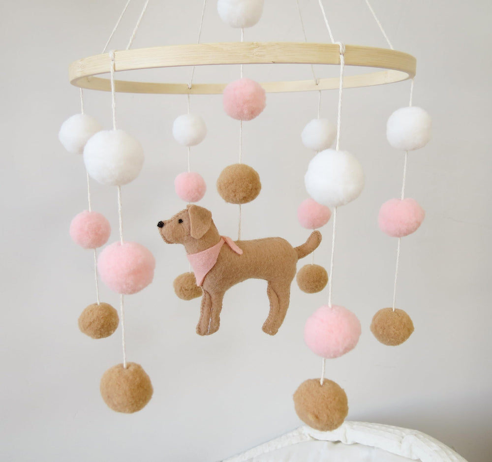 Goukurlsma dog-themed crib mobile with felt balls decorates the nursery.