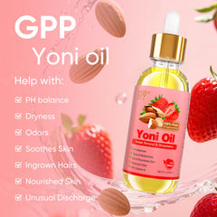 GPP Yoni Oil Wash bottle close-up labels highlighting pH balance and natural ingredients.