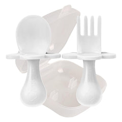 Grabease baby spoon and fork set white, designed for tiny hands and independent feeding.