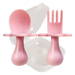 Grabease baby utensils set with travel case supports independent feeding on the go.