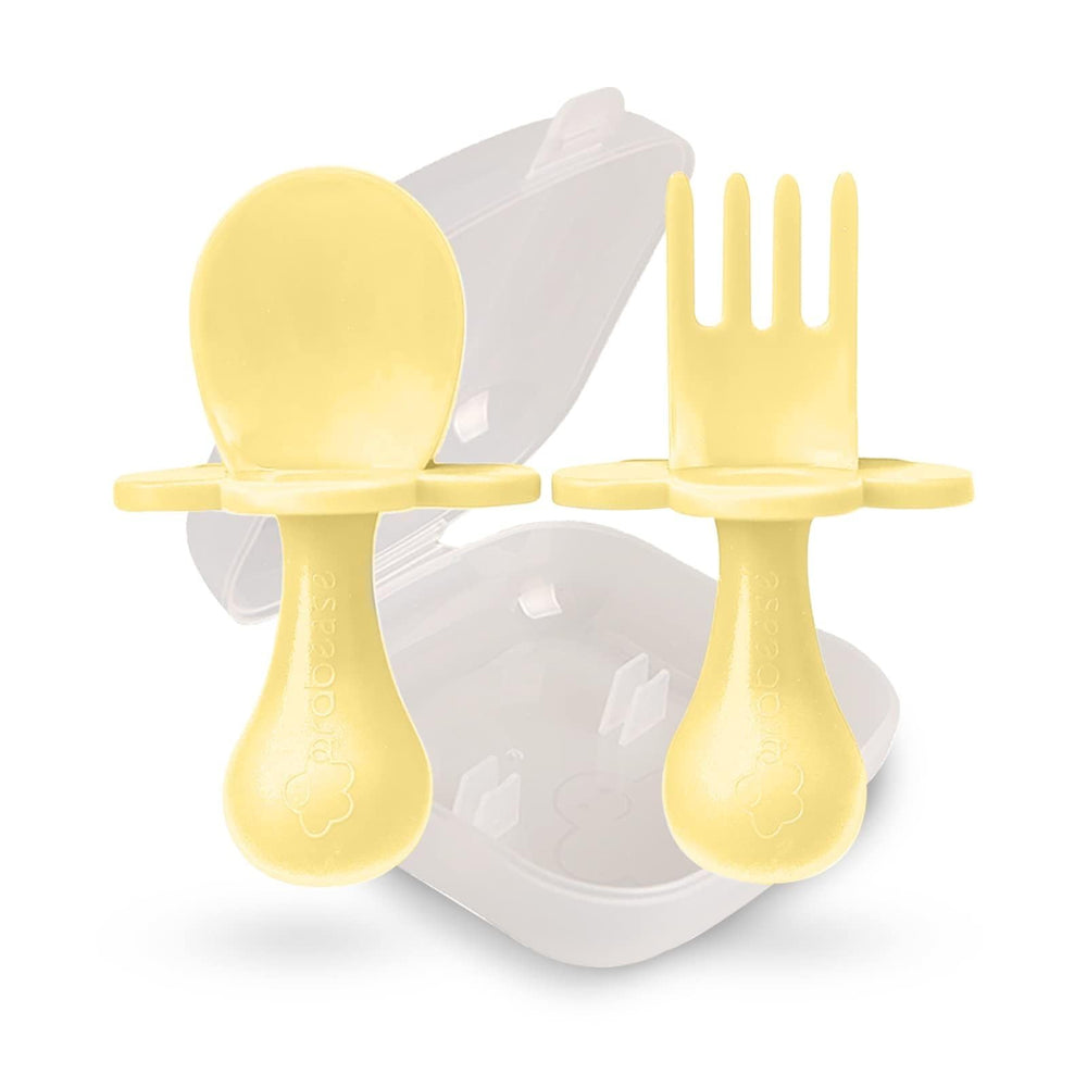 Grabease spoon yellow, gentle self-feeding tool with ergonomic handle for tiny hands.