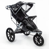 Graco universal rain cover over a jogging stroller with clear visibility
