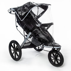 Graco universal rain cover over a jogging stroller with clear visibility