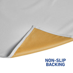 Graco splat mat with non-slip back stays flat on floor.